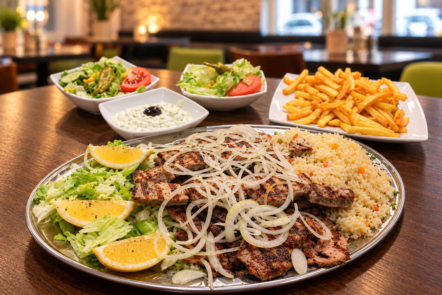 Griechische Grillplatte mit Pommes, Salat und Tzatziki