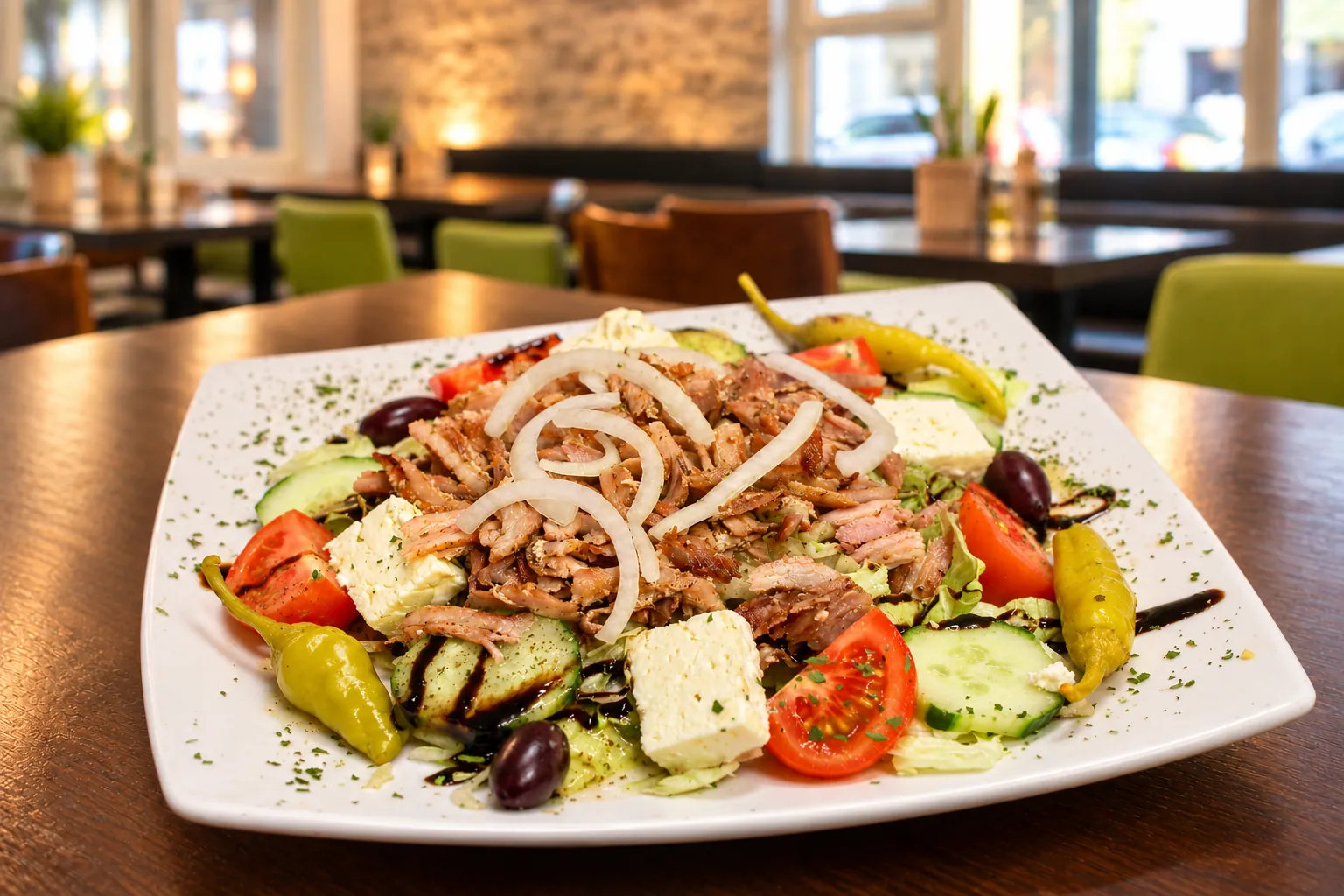 Gyros mit Feta, Tomaten, Gurke und Peperoni im Hellas Grill