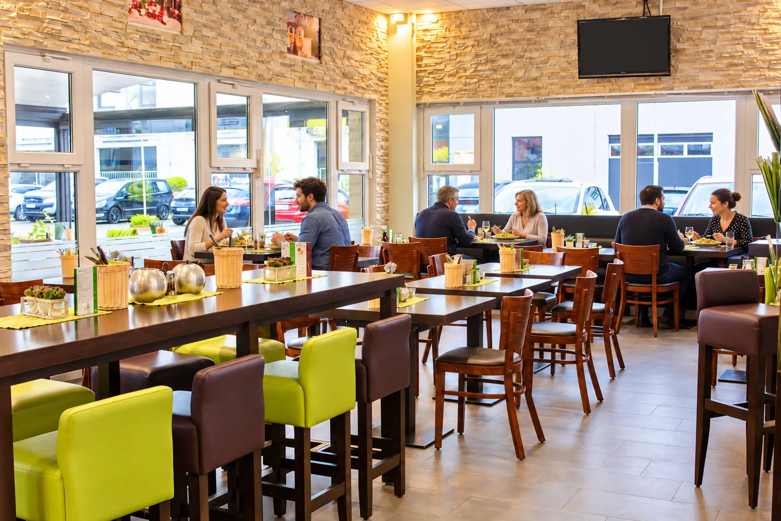 Gäste im hellen Restaurant des Hellas Grill